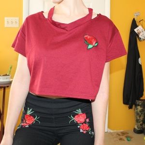 Maroon Cropped Tee with Rose Patch Detail